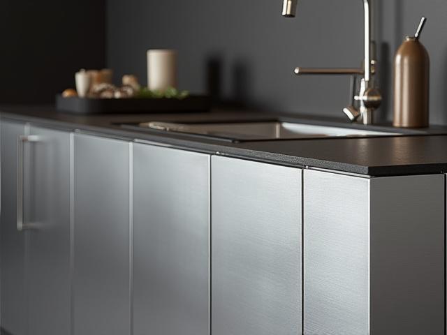 Designer köksö i borstad stål med integrerad diskho och modern känsla