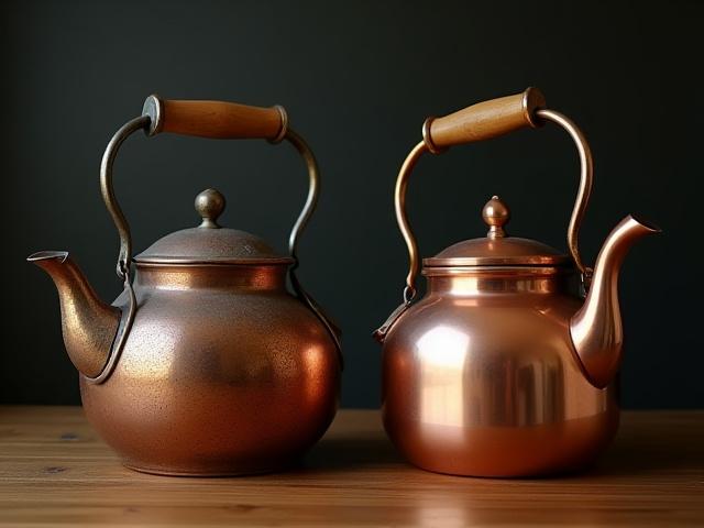 Före- och efterbild av en renoverad antik kopparkanna, glänsande ny