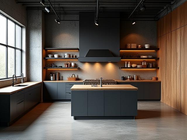 Industriellt kök med synliga metallkonstruktioner