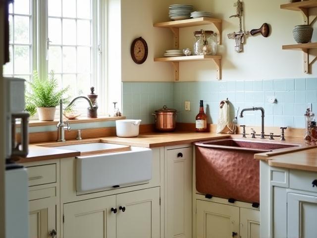 Lantkök med inslag av koppar och trä