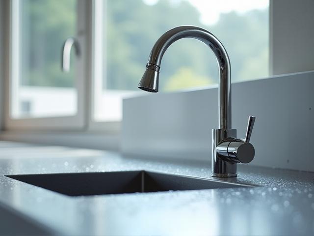 Kök med blank, rostfri bänkskiva och modern kran