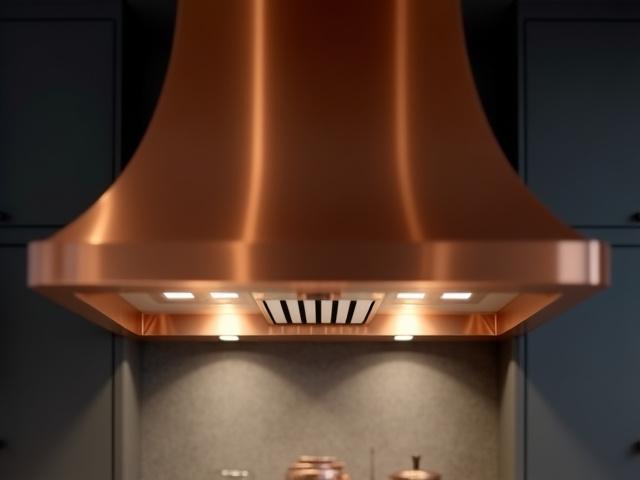 Elegant kopparpläterad spishäll i ett modernt kök